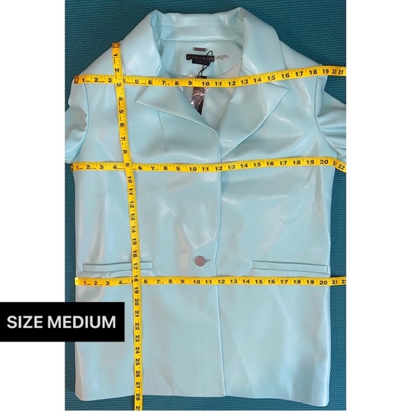 Alice + Olivia Dunn Vegan Leather Roll Cuff Blue Breeze Blazer Jacket - Picture 12 of 17